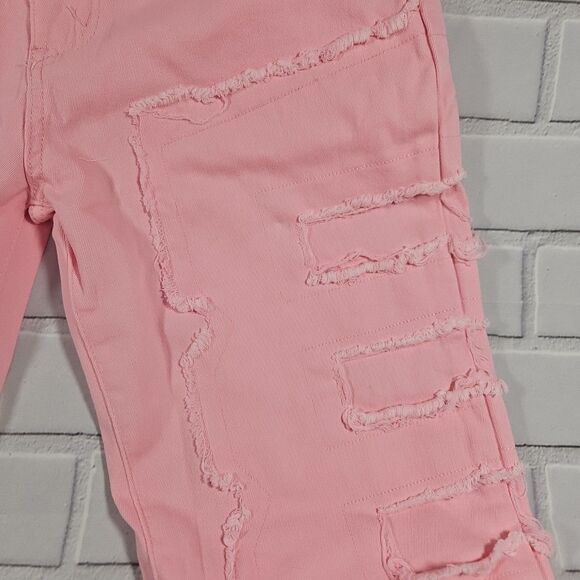 Women's Straight-leg Pants Embroidered Fashion I Stretch Patchwork Jeans Pink - Picture 6 of 12